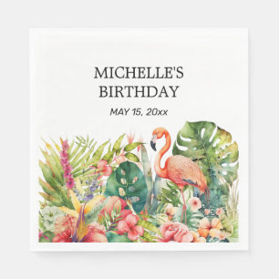 Serviette En Papier Flamingo Fleur Tropicale Joyeux Anniversaire Nom