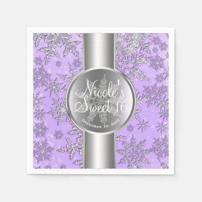 Serviette En Papier Flammes de neige en argent violet Winter Wonderlan (Devant)
