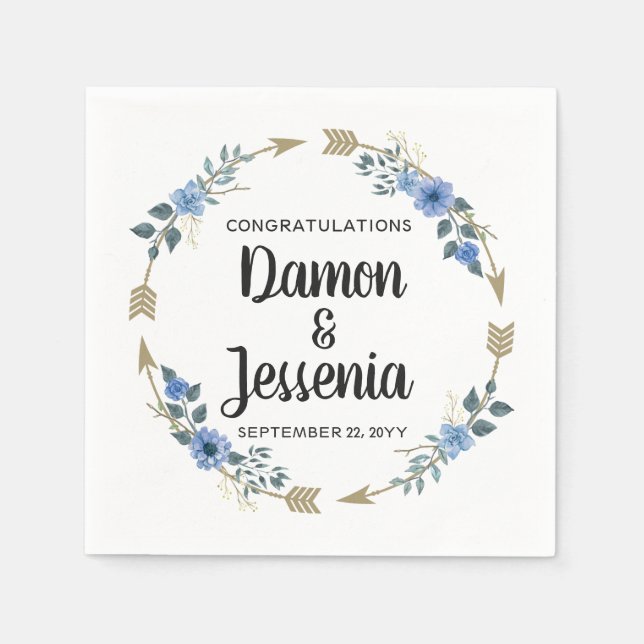 Serviette En Papier Flèches en bois rustique et Mariage floral bleu (Devant)