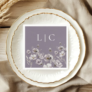 Serviette En Papier Fleur aquarelle violet foncé à monogramme élégant
