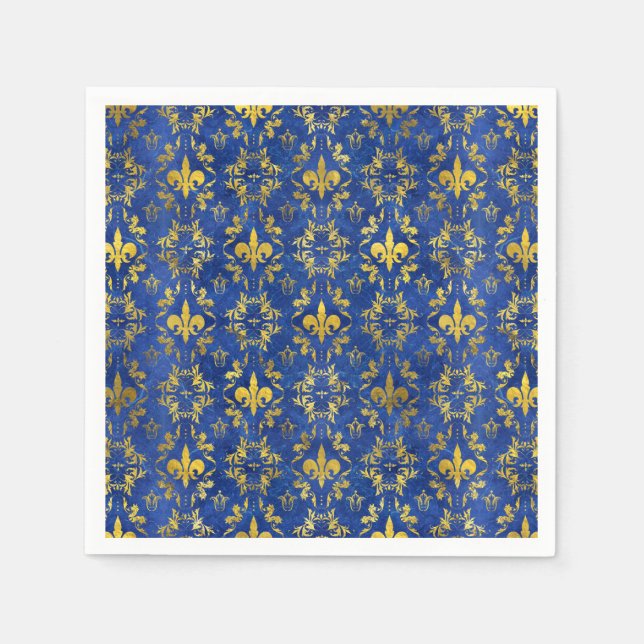 Serviette En Papier Fleur de lis motif marbre bleu et or (Devant)