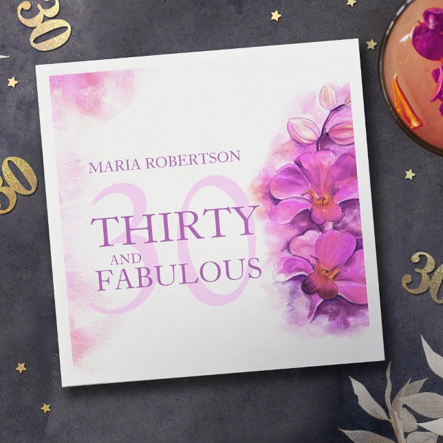 Serviette En Papier Fleur d'orchidée d'aquarelle 30e anniversaire nom  (Créateur téléchargé)