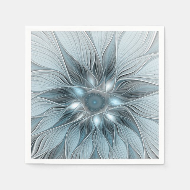 Serviette En Papier Fleur Joyeuse Abstrait gris bleu floral Fractal (Devant)
