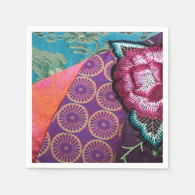 Serviette En Papier Fleur rose brodée look violet (Devant)