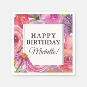 Serviette En Papier Fleur sauvage aquarelle rose violet Joyeux Anniver