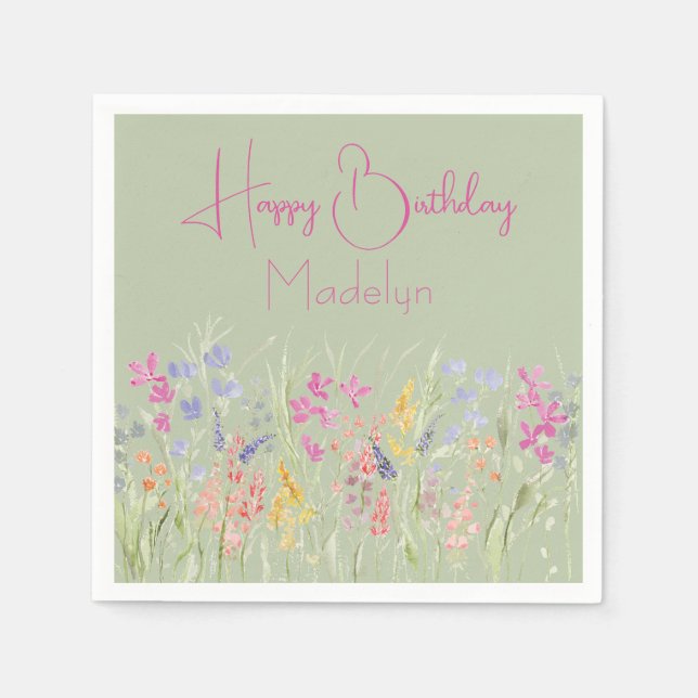 Serviette En Papier Fleur sauvage d'aquarelle verte Sage Anniversaire (Devant)