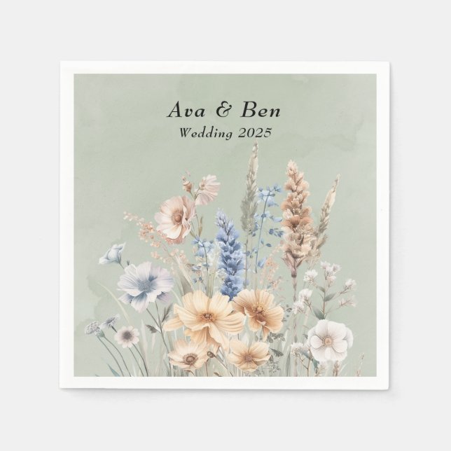 Serviette En Papier Fleur sauvage Mariage Sage Green Dusty (Devant)