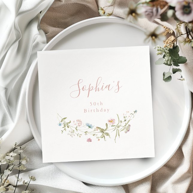 Serviette En Papier Fleur sauvage rose élégante Anniversaire Bohème ru (Elegant Pink Wildflower Rustic Boho Birthday Napkins)