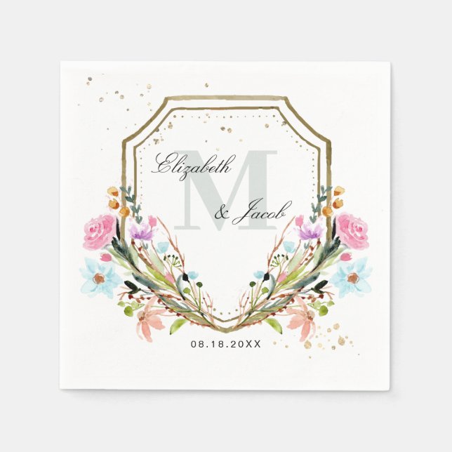 Serviette En Papier Fleur sauvage rustique Élégant Mariage Gold Crest (Devant)