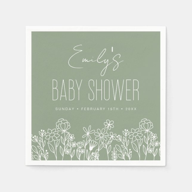 Serviette En Papier Fleur sauvage Sage Green Baby shower Boho En Fleur (Devant)