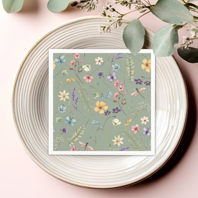 Serviette En Papier Fleur sauvage Sage Green Fête des mariées élégante (Créateur téléchargé)
