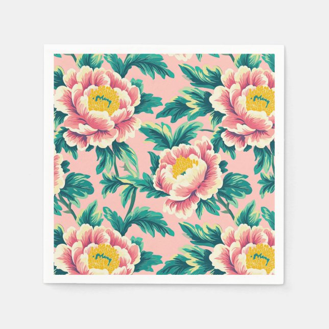 Serviette En Papier Fleurie de chinoiserie rose gras (Devant)
