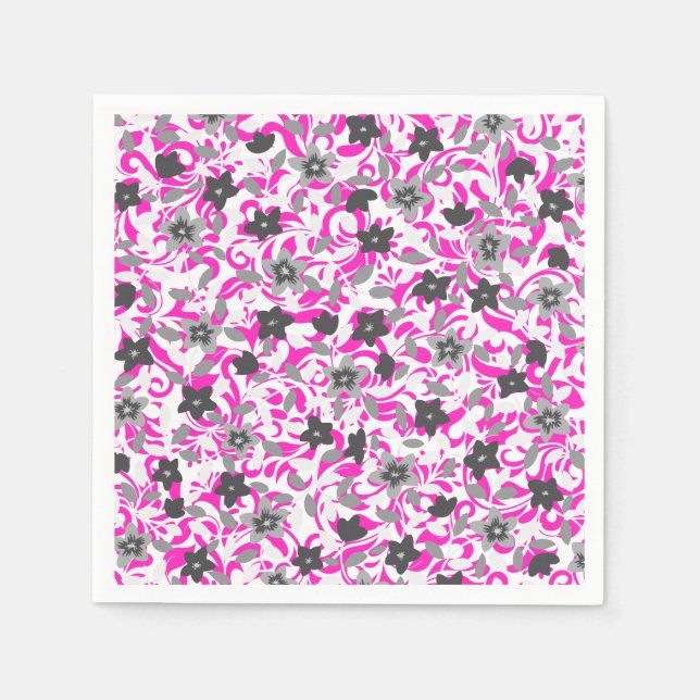Serviette En Papier Fleurs abstraites rose pâle et gris blanc (Devant)