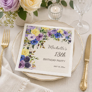 Serviette En Papier Fleurs aquarelle jaune violet 18ème anniversaire