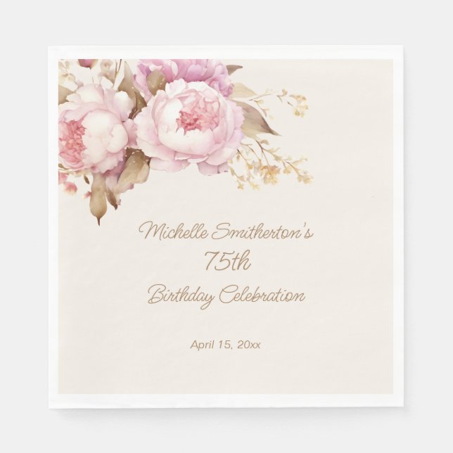 Serviette En Papier Fleurs aquarelle rose 75e anniversaire  (Devant)