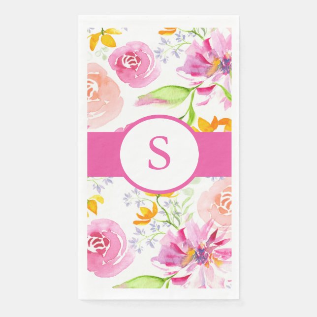Serviette En Papier Fleurs aquarelles à monogramme rose (Devant)