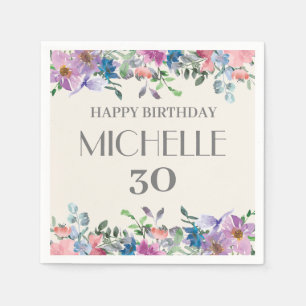 Serviette En Papier Fleurs aquarelles bleu violet 30 ans Anniversaire