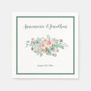 Serviette En Papier Fleurs aquarelles élégantes pêche abricot menthe