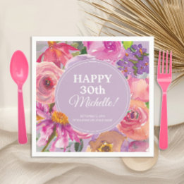 Serviette En Papier Fleurs aquarelles rose violet 30e anniversaire