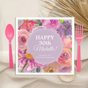 Serviette En Papier Fleurs aquarelles rose violet 30e anniversaire