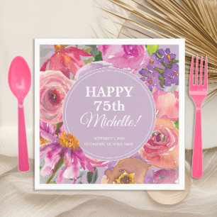 Serviette En Papier Fleurs aquarelles rose violet 75e anniversaire