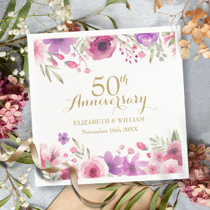 Serviette En Papier Fleurs aquarelles Roses Feuillage 50e Anniversaire