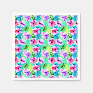 Serviette En Papier Fleurs aquarelles roses, violettes, vertes et bleu
