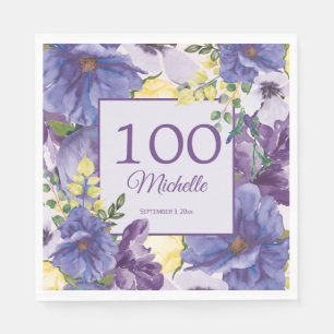 Serviette En Papier Fleurs aquarelles violettes jaunes 100e anniversai