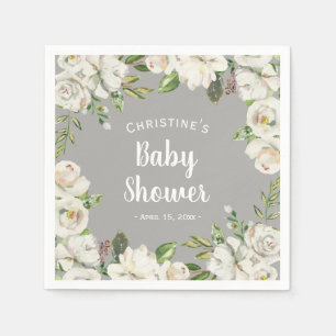 Serviette En Papier Fleurs blanches Baby shower gris neutre