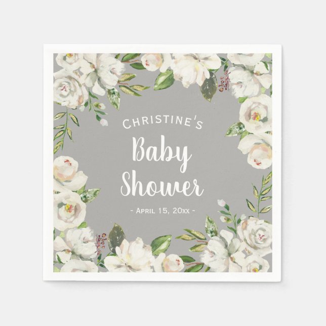 Serviette En Papier Fleurs blanches Baby shower gris neutre (Devant)