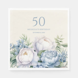 Serviette En Papier Fleurs blanches bleu poussiéreux 50e anniversaire