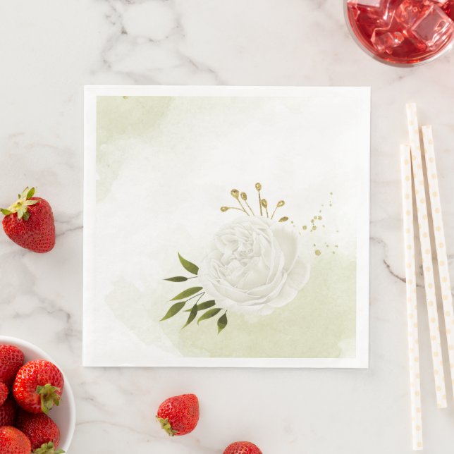 Serviette En Papier Fleurs blanches boho feuilles vertes botanique (En situation)