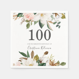 Serviette En Papier Fleurs blanches et bleues 100e fête d'anniversaire