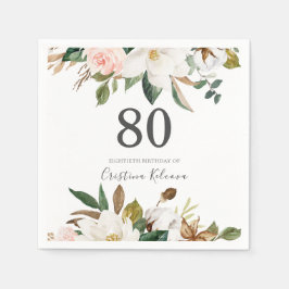 Serviette En Papier Fleurs blanches et bleues 80e fête d'anniversaire