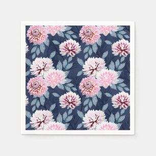 Serviette En Papier Fleurs blanches et roses sur bleu foncé.