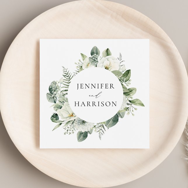 Serviette En Papier Fleurs blanches et verdure Mariage personnalisé (Créateur téléchargé)