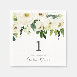 Serviette En Papier Fleurs blanches & Filles de crème 1er anniversaire