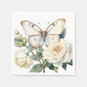 Serviette En Papier Fleurs blanches romantiques et papillon