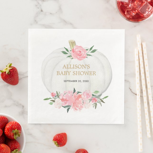 Serviette En Papier Fleurs blanches roses pastel et verdure citrouille (En situation)