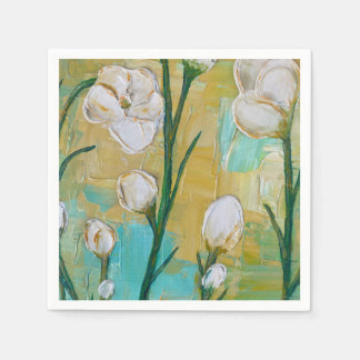Serviette En Papier Fleurs blanches sur fond sarcelle et jaune 