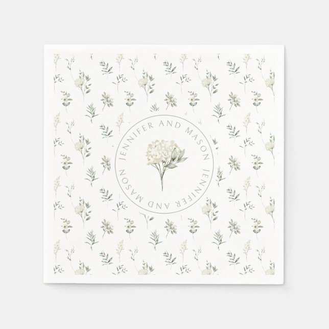 Serviette En Papier Fleurs blanches vertes fleurs mariages serviettes  (Devant)
