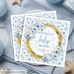 Serviette En Papier Fleurs bleu poussiéreux précieux or baby shower si