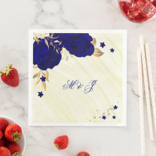 Serviette En Papier fleurs bleu royal feuilles dorées marbre 