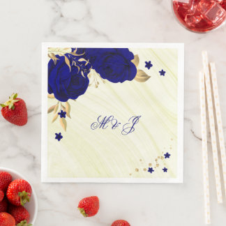 Serviette En Papier fleurs bleu royal feuilles dorées marbre