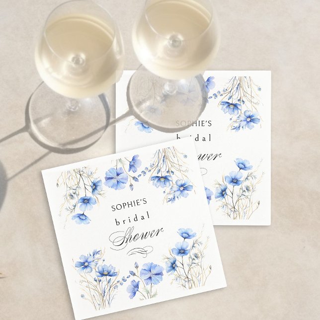 Serviette En Papier Fleurs Bleues Cadre Floral Mariage Shower (Blue Flower and Calligraphy napkins from my Something Blue Floral Bridal Shower Collection)