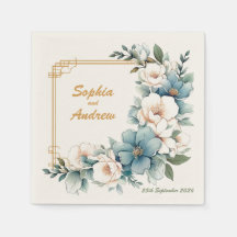 Fleurs bleues dorées : serviettes Mariages personn