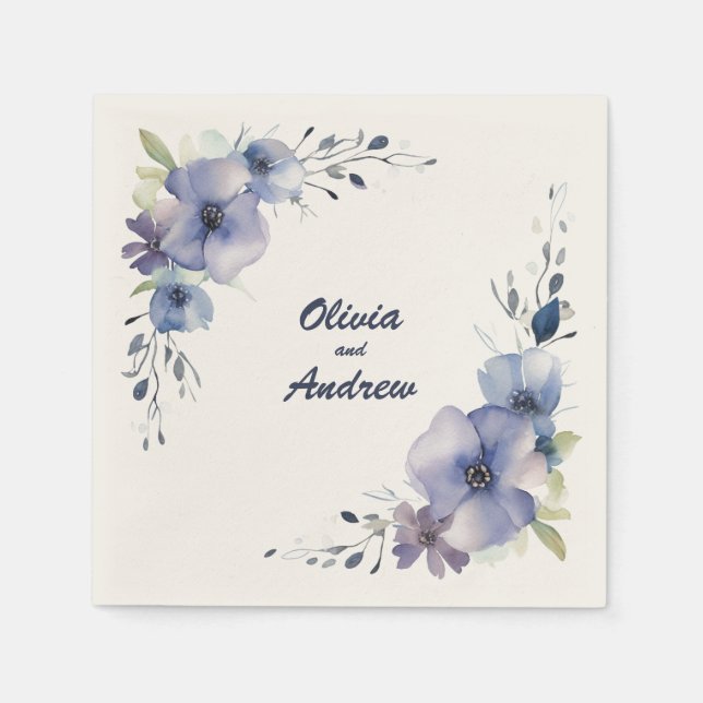 Serviette En Papier Fleurs Bleues Élégantes : serviettes Mariages pers (Devant)