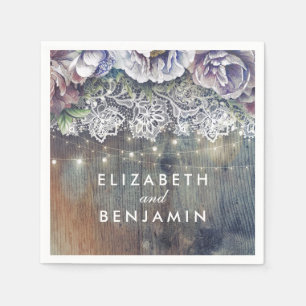 Serviette En Papier Fleurs bleues et marron Mariage de dentelle rustiq