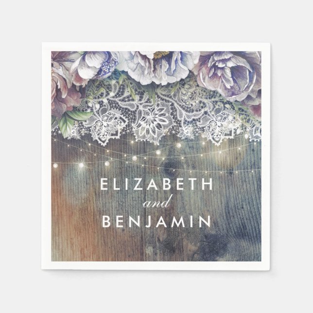 Serviette En Papier Fleurs bleues et marron Mariage de dentelle rustiq (Devant)