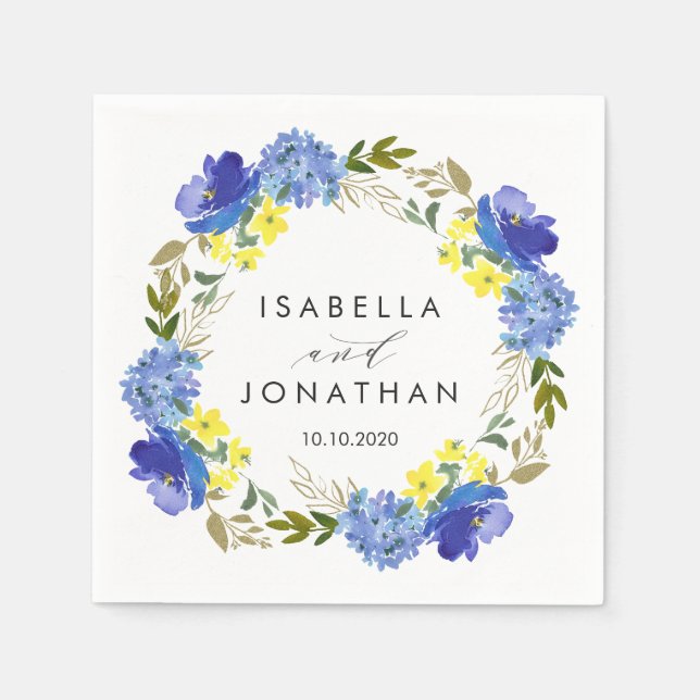 Serviette En Papier Fleurs Bleues Jaunes Lumineuses mariage Rustique P (Devant)